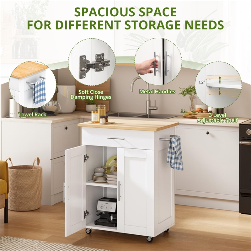 Afuera Living 33.8-Inch White Rolling Kitchen Island Cart with Storage Drawer