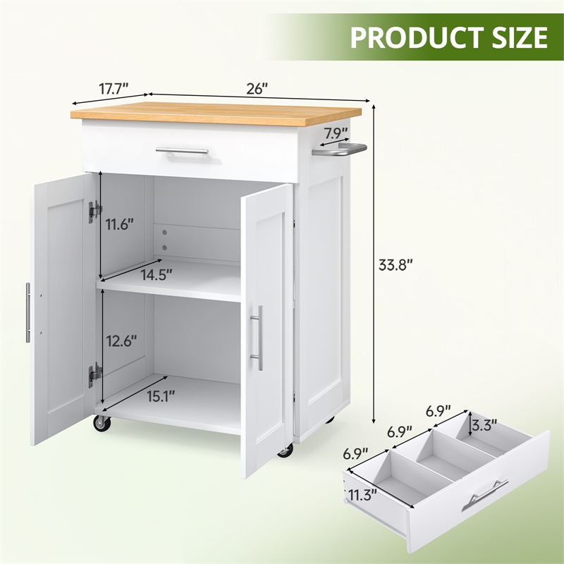 Afuera Living 33.8-Inch White Rolling Kitchen Island Cart with Storage Drawer
