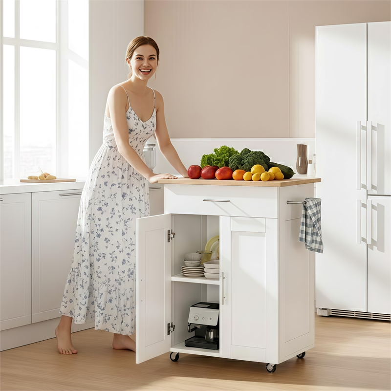 Afuera Living 33.8-Inch White Rolling Kitchen Island Cart with Storage Drawer