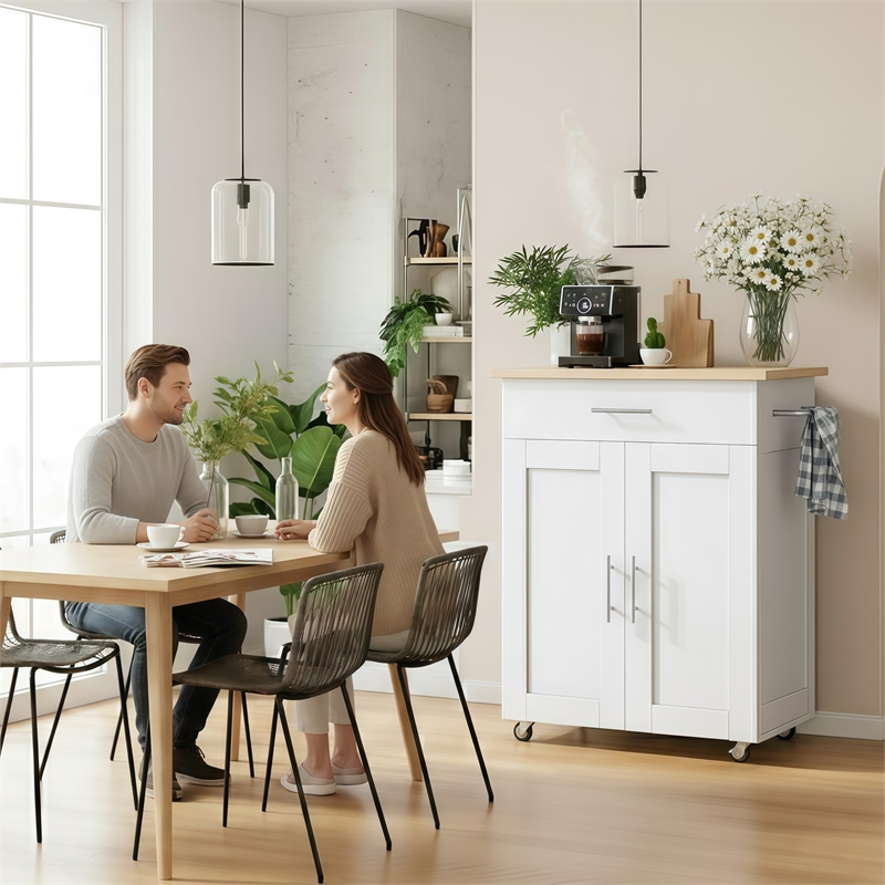 Afuera Living 33.8-Inch White Rolling Kitchen Island Cart with Storage Drawer