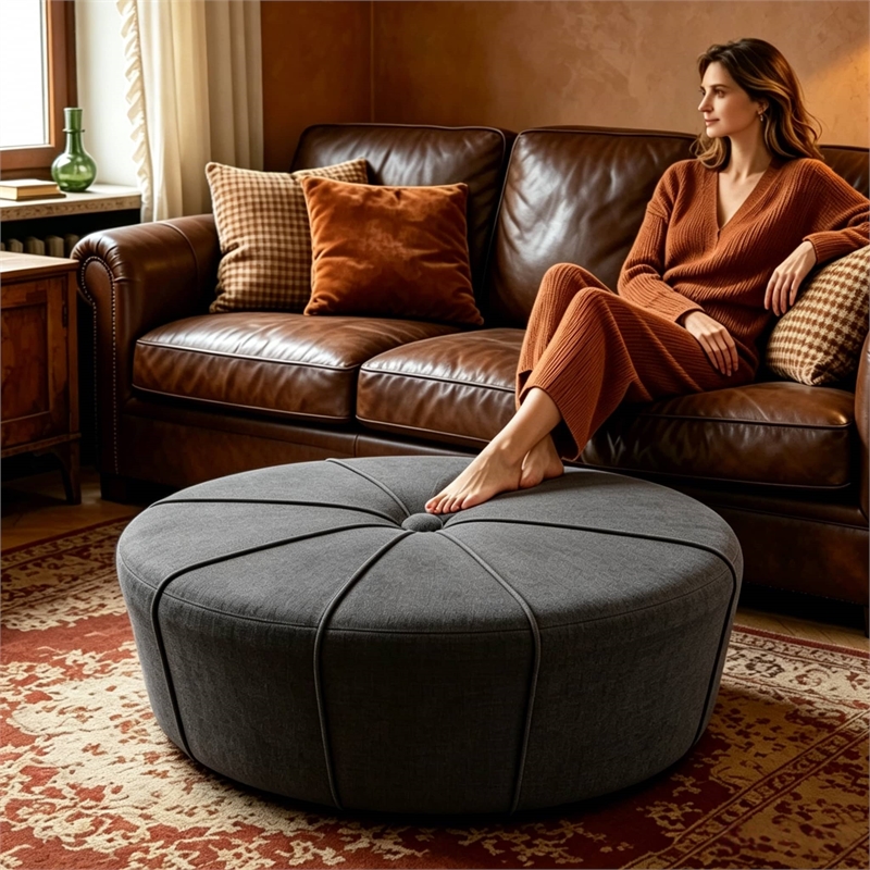 Afuera Living 48-Inch Slate Blue Linen Oversized Oval Ottoman Bench