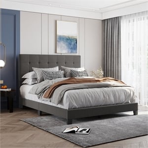 Afuera Living Queen Upholstered Platform Bed with Tufted Headboard in Gray
