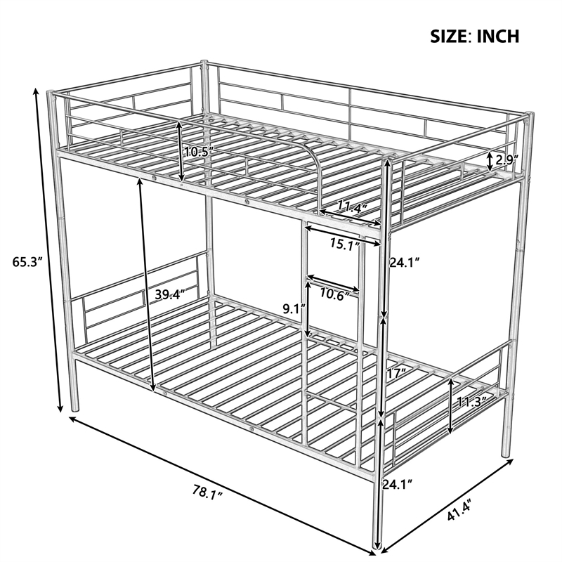 Afuera Living Contemporary Twin-Over-Twin Metal Bunk Bed in Silver