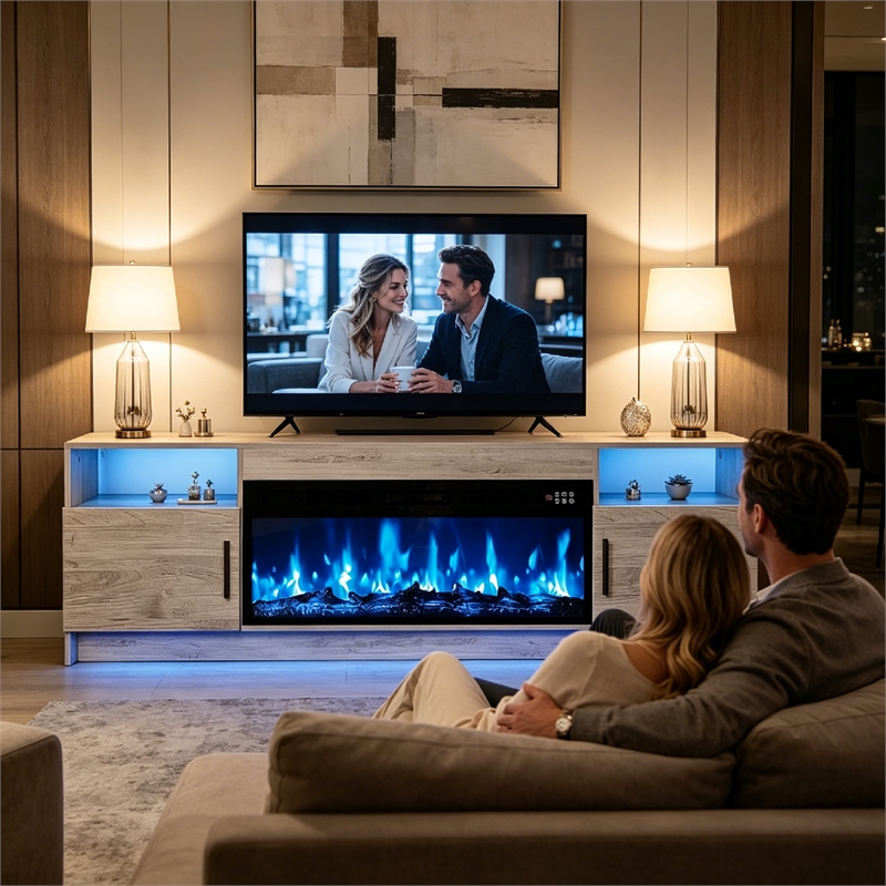 Afuera Living 70-Inch Gray TV Stand with 36-Inch Electric Fireplace