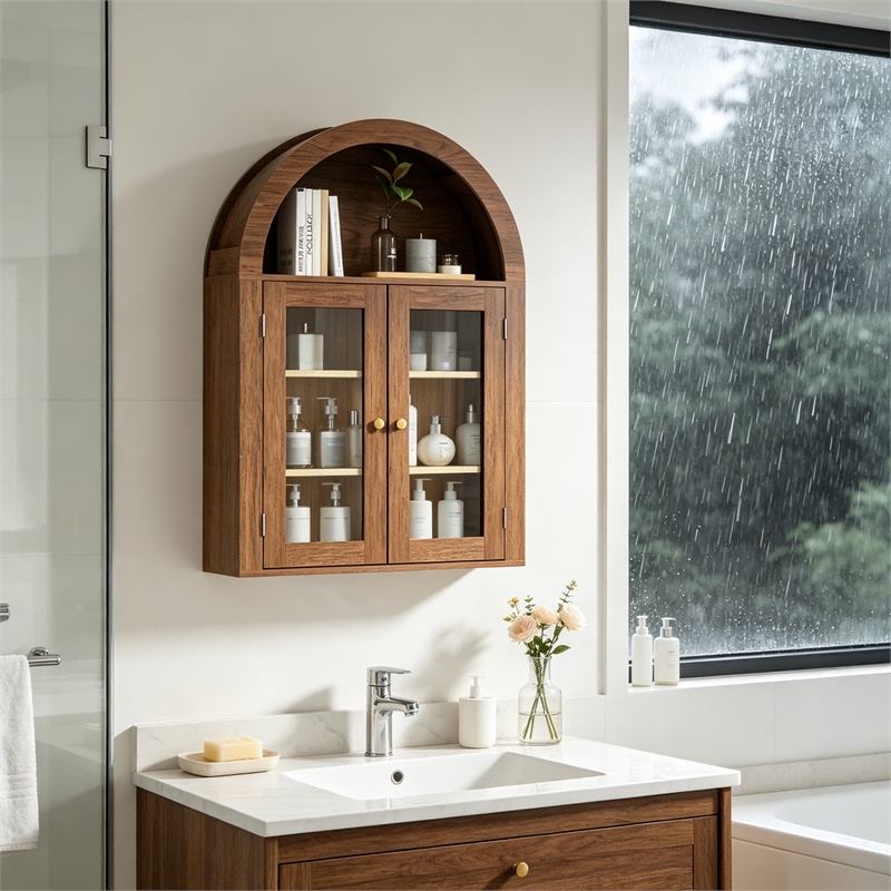 Afuera Living 24-Inch Brown Arched Wall Cabinet with Tempered Glass Doors