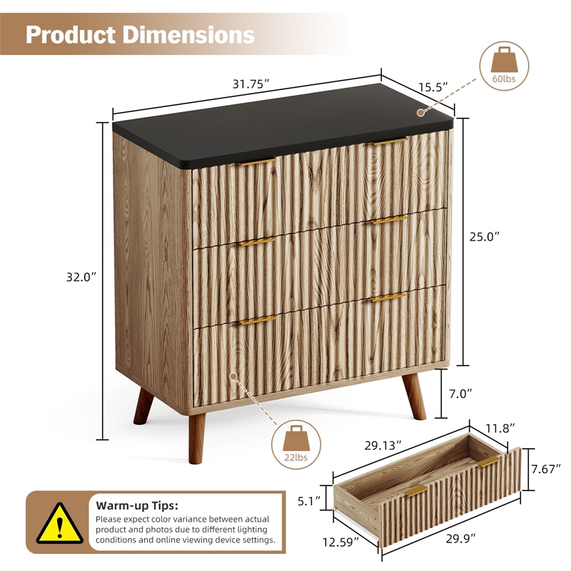 Afuera Living Contemporary 32-Inch Light Brown 3-Drawer Fluted End Table