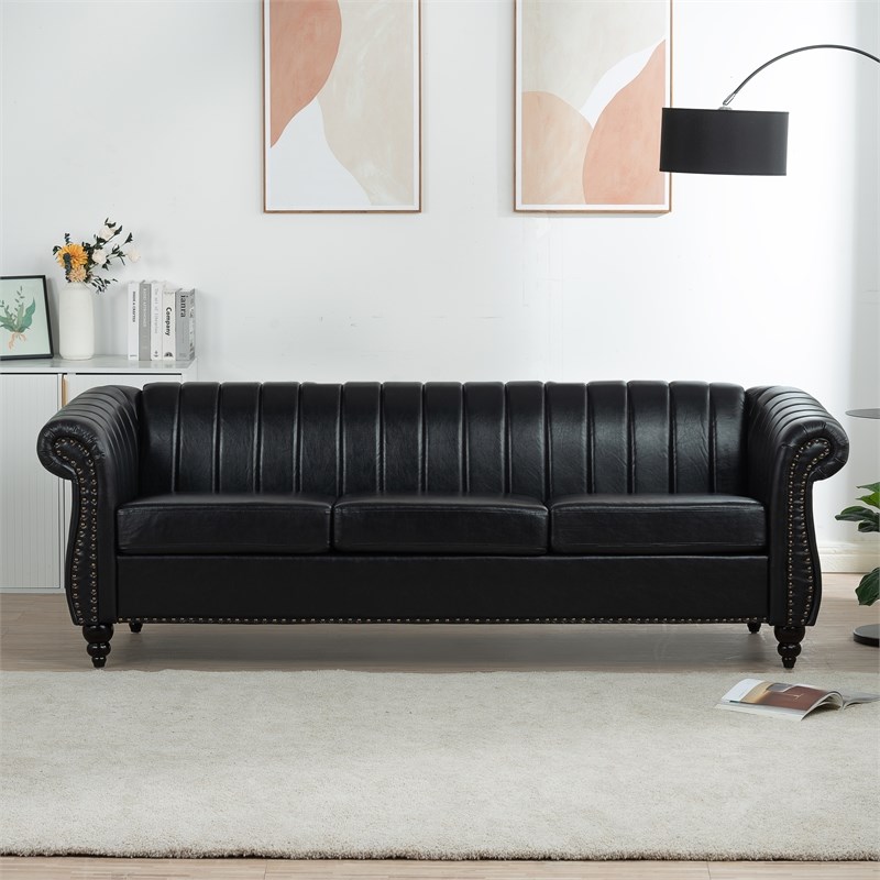 Afuera Living 84-Inch Black Chesterfield 3-Seater PU Leather Sofa