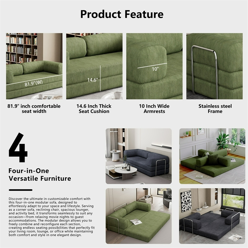 Afuera Living 82-Inch Green Sleeper Sofa Bed with Steel Frame