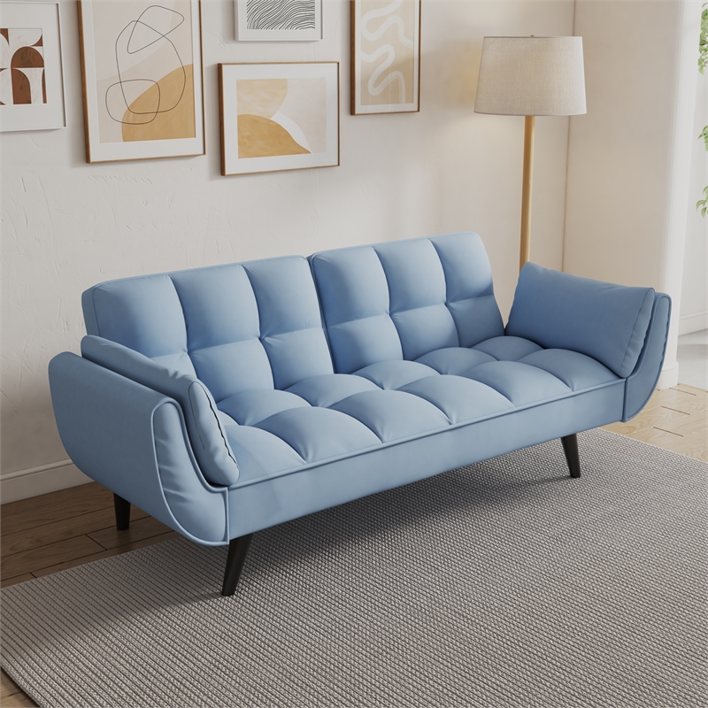 Afuera Living Blue Velvet Convertible Sofa Bed for Small Spaces