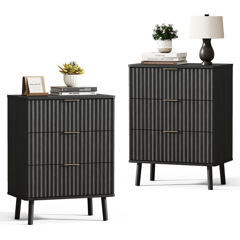 Afuera Living Black Fluted 3-Drawer Nightstands Set of 2 with Rose Gold