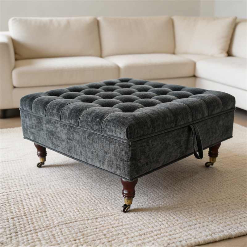 Afuera Living Dark Gray Chenille Square Storage Ottoman on Wheels