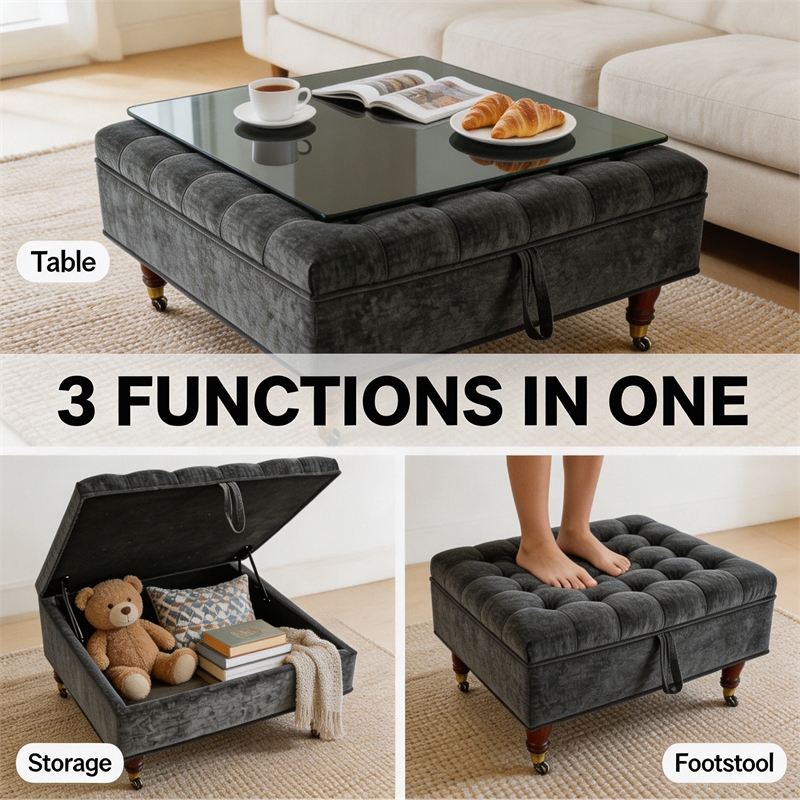 Afuera Living Dark Gray Chenille Square Storage Ottoman on Wheels