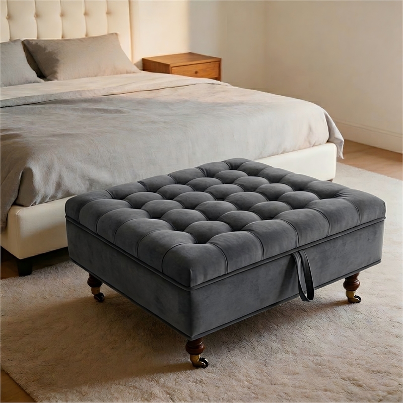 Afuera Living Dark Gray Chenille Square Storage Ottoman on Wheels