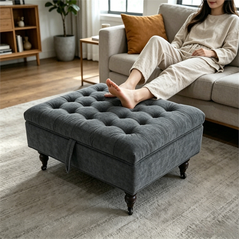Afuera Living Dark Gray Chenille Square Storage Ottoman on Wheels