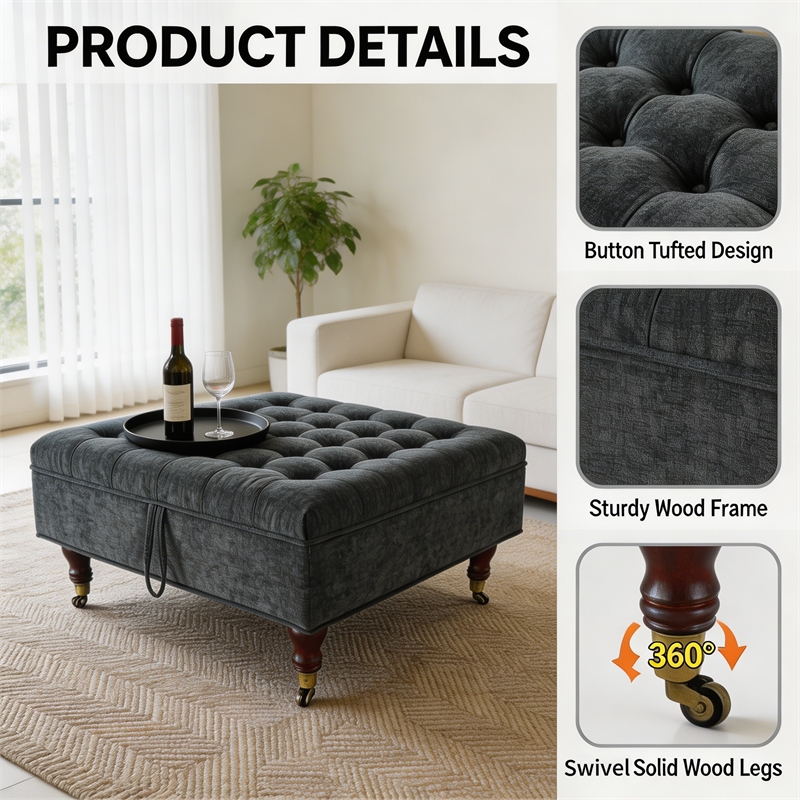 Afuera Living Dark Gray Chenille Square Storage Ottoman on Wheels