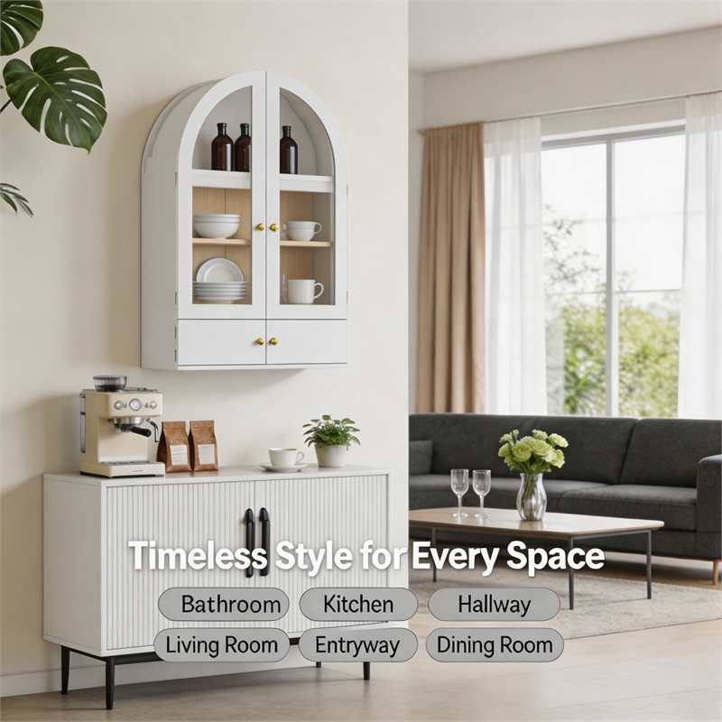 Afuera Living 24-Inch White Arched Wall Cabinet with Glass Doors