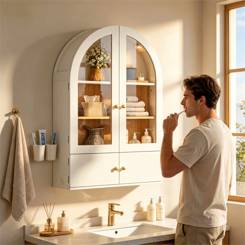Afuera Living 24-Inch White Arched Wall Cabinet with Glass Doors
