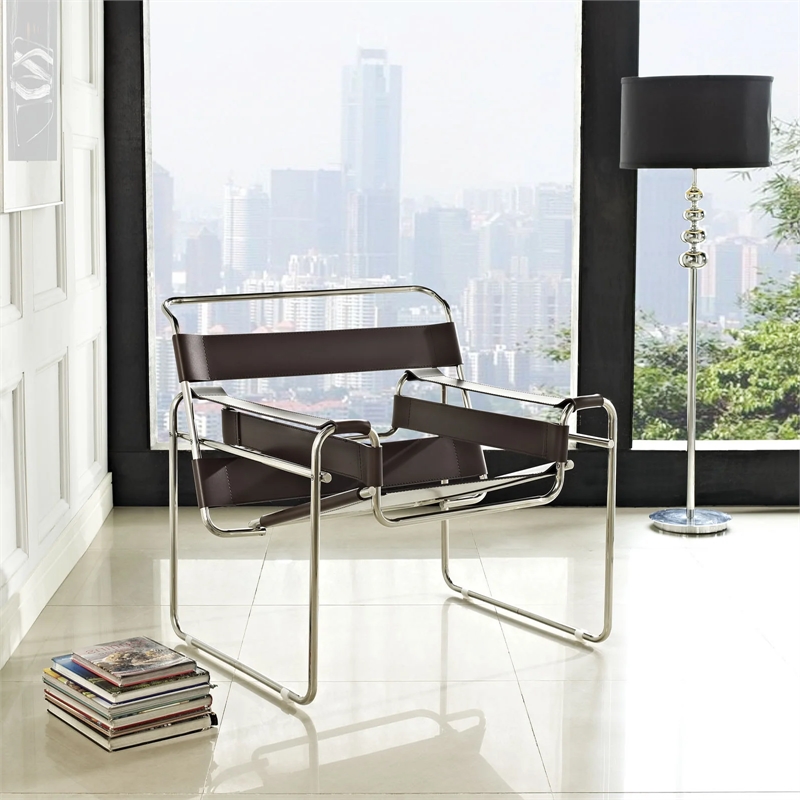 Afuera Living Brown Saddle Leather Accent Armchair with Steel Frame