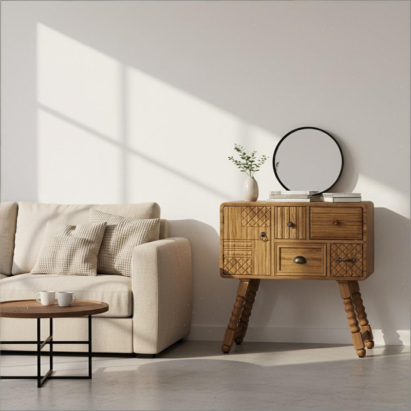 Afuera Living Contemporary Hand-Carved Brown Solid Wood Storage Cabinet