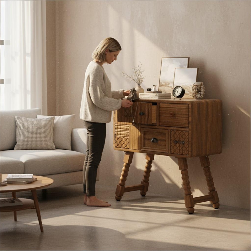 Afuera Living Contemporary Hand-Carved Brown Solid Wood Storage Cabinet