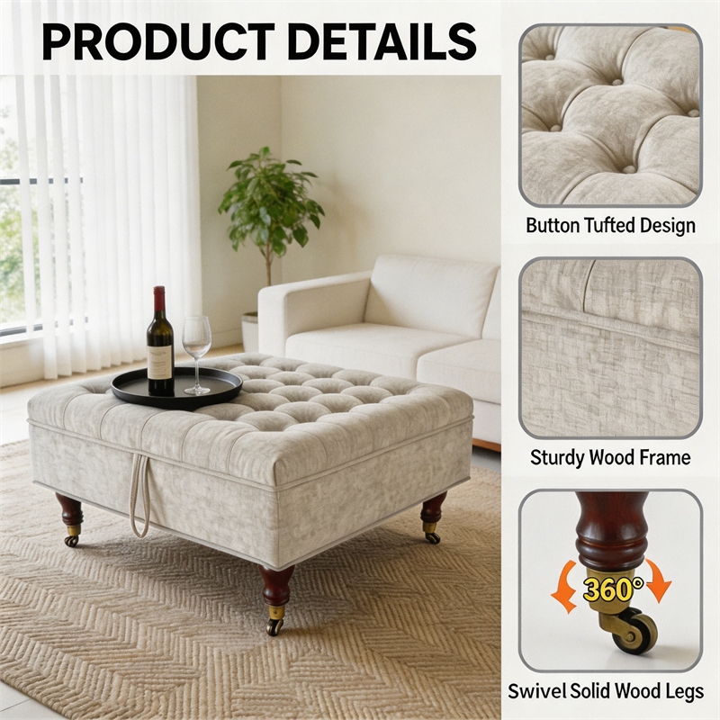 Afuera Living Light Gray Chenille Square Storage Ottoman on Wheels