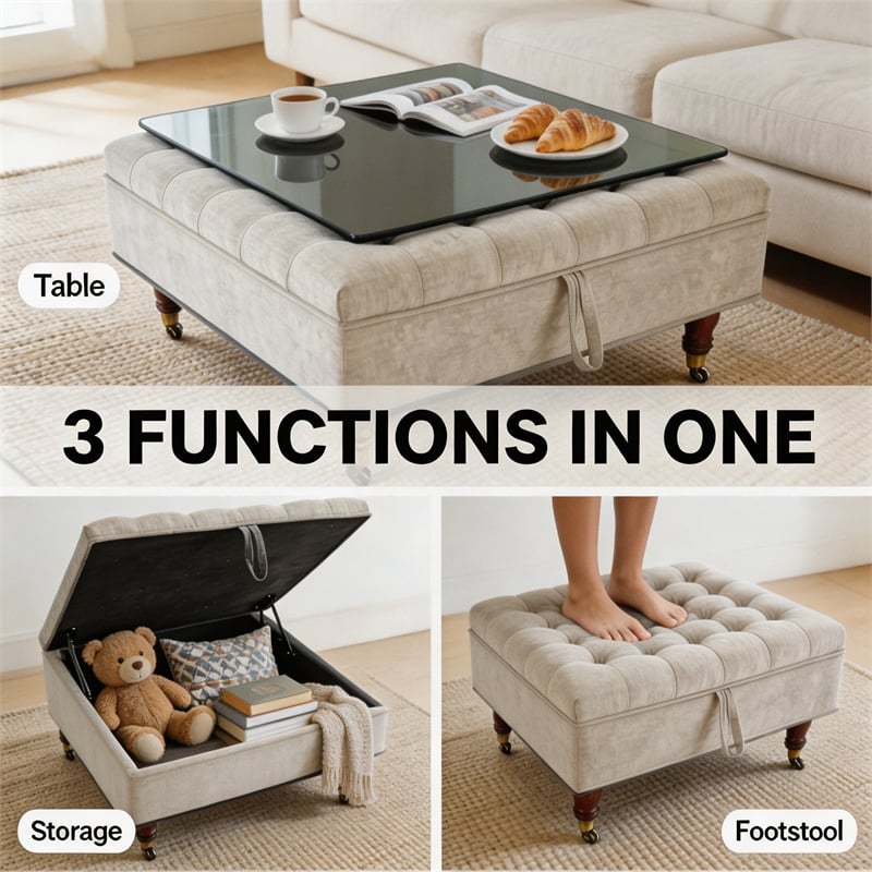 Afuera Living Light Gray Chenille Square Storage Ottoman on Wheels