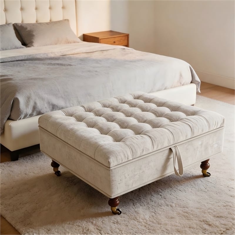 Afuera Living Light Gray Chenille Square Storage Ottoman on Wheels