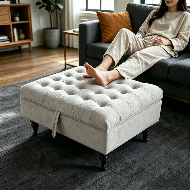 Afuera Living Light Gray Chenille Square Storage Ottoman on Wheels