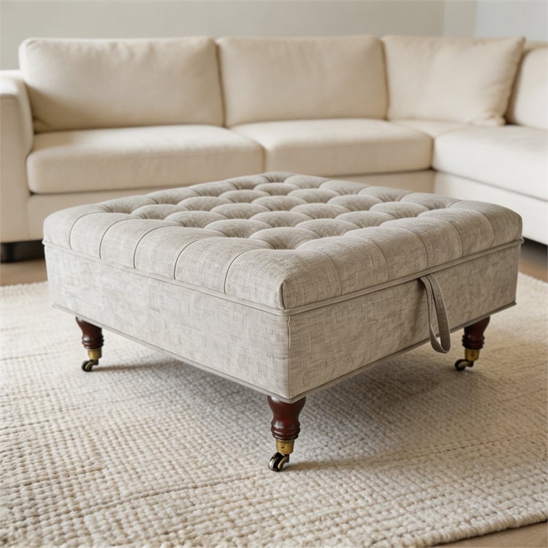 Afuera Living Light Gray Chenille Square Storage Ottoman on Wheels