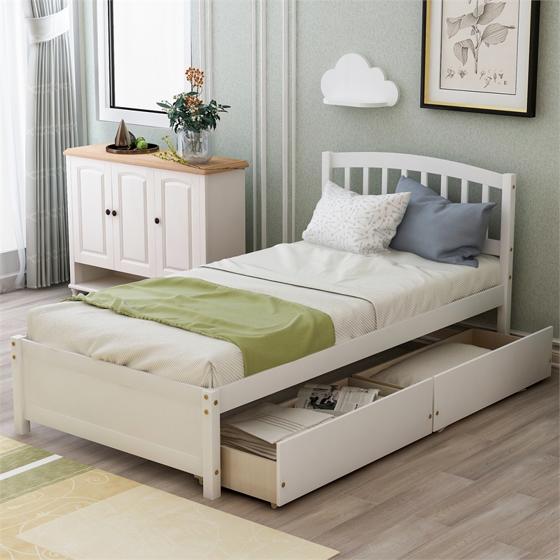Afuera Living White Twin Platform Bed with 2 Drawers and Headboard