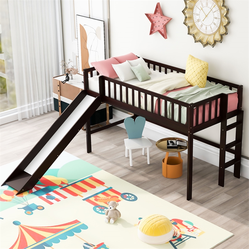Afuera Living Espresso Twin Low Loft Bed with Ladder and Slide