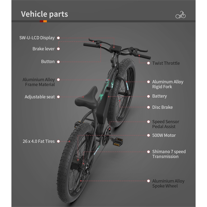 Afuera Living 500W Electric Fat Tire Bike with 36V Removable Battery