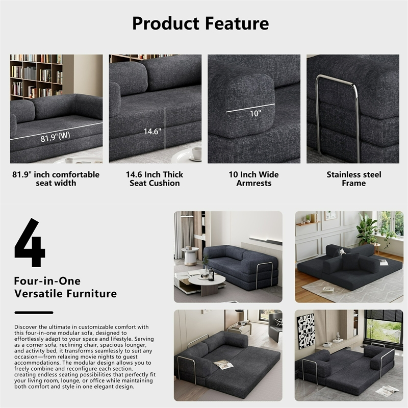 Afuera Living Contemporary 82-Inch Gray Pull-Out Sleeper Sofa Bed