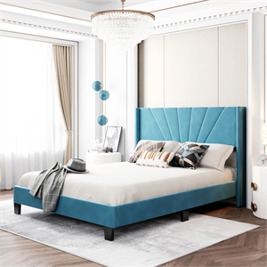 Afuera Living Contemporary Blue Queen Velvet Upholstered Platform Bed