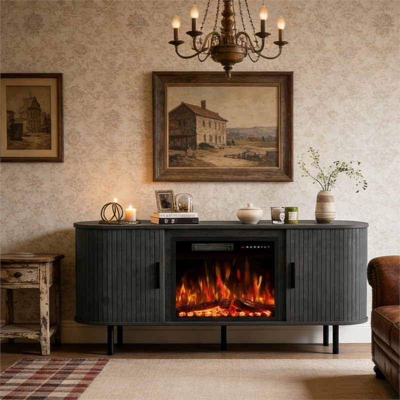 Afuera Living 65-Inch Black Fluted TV Stand with 23-Inch Fireplace