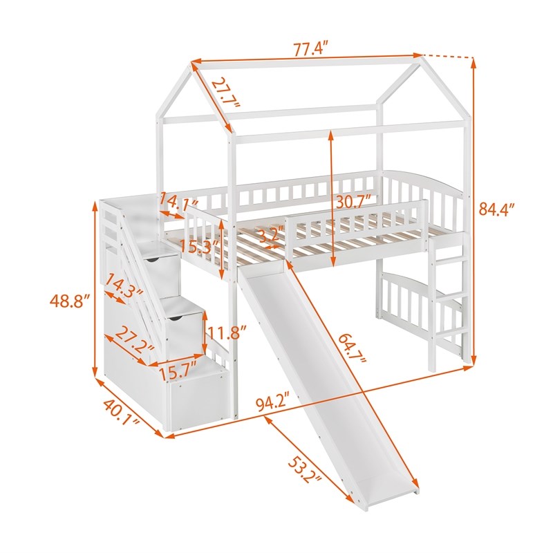 Afuera Living White Twin Loft Bed with Slide & Drawers & Playhouse Design