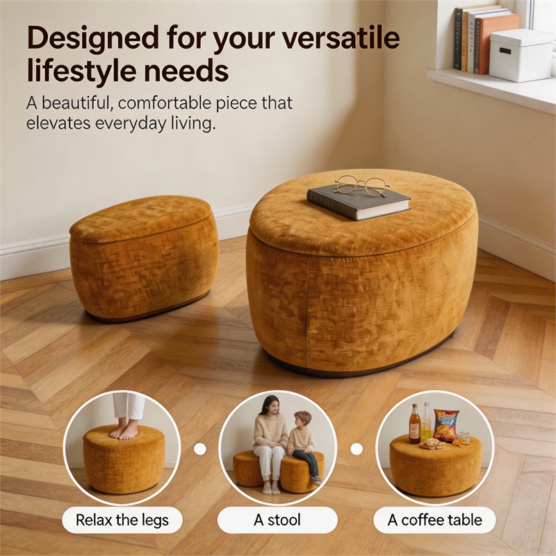Afuera Living Yellow Chenille 2-Piece Nesting Storage Ottoman Set