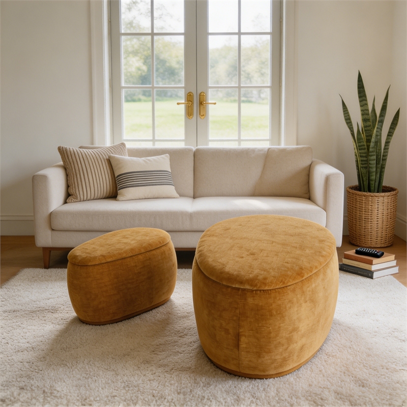 Afuera Living Yellow Chenille 2-Piece Nesting Storage Ottoman Set