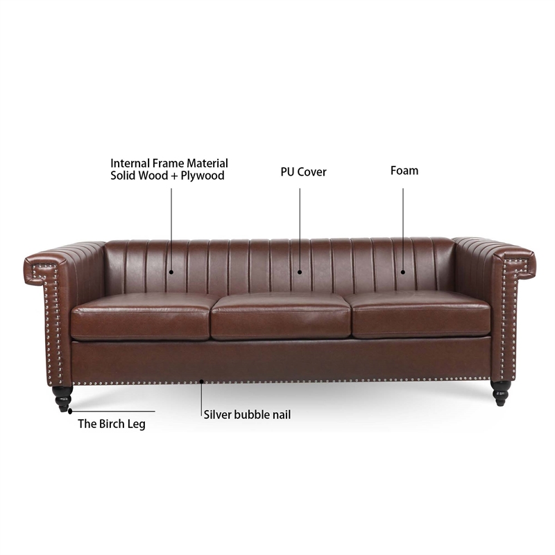 Afuera Living 84-Inch Dark Brown PU Leather 3-Seat Chesterfield Sofa