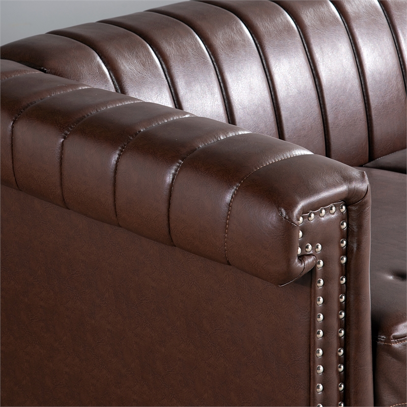 Afuera Living 84-Inch Dark Brown PU Leather 3-Seat Chesterfield Sofa