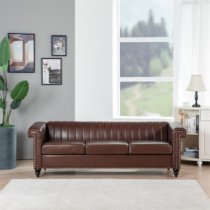 Afuera Living 84-Inch Dark Brown PU Leather 3-Seat Chesterfield Sofa