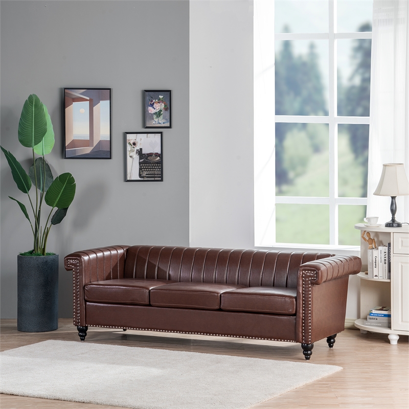 Afuera Living 84-Inch Dark Brown PU Leather 3-Seat Chesterfield Sofa