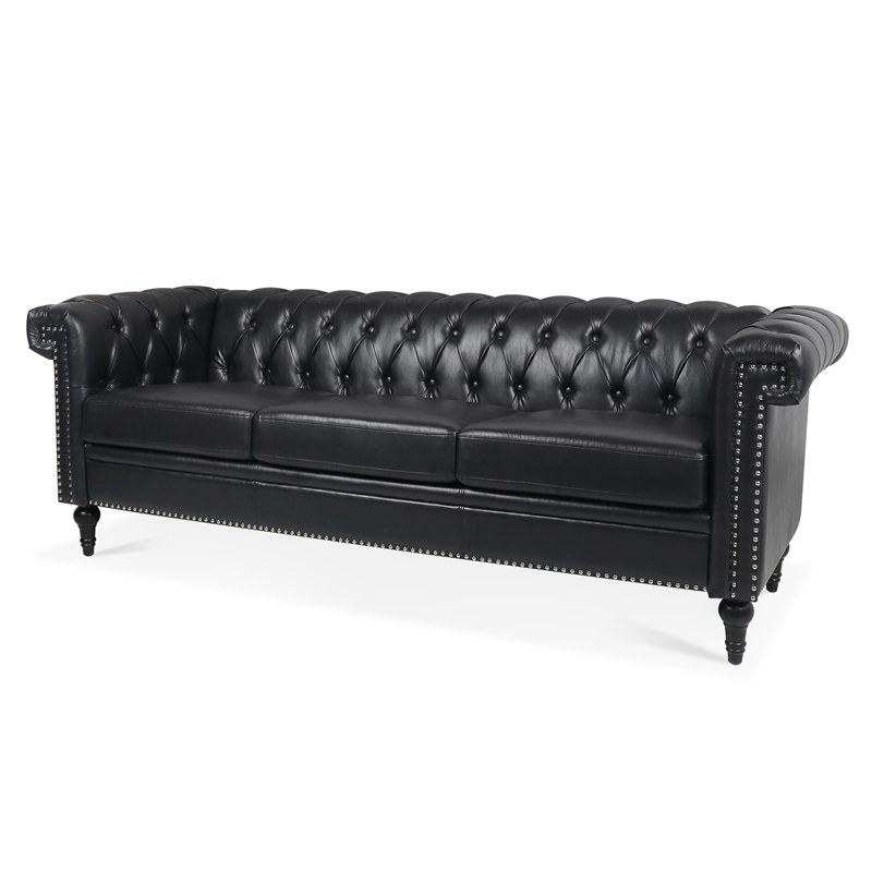 Afuera Living 84-Inch Black PU Leather 3-Seat Chesterfield Sofa