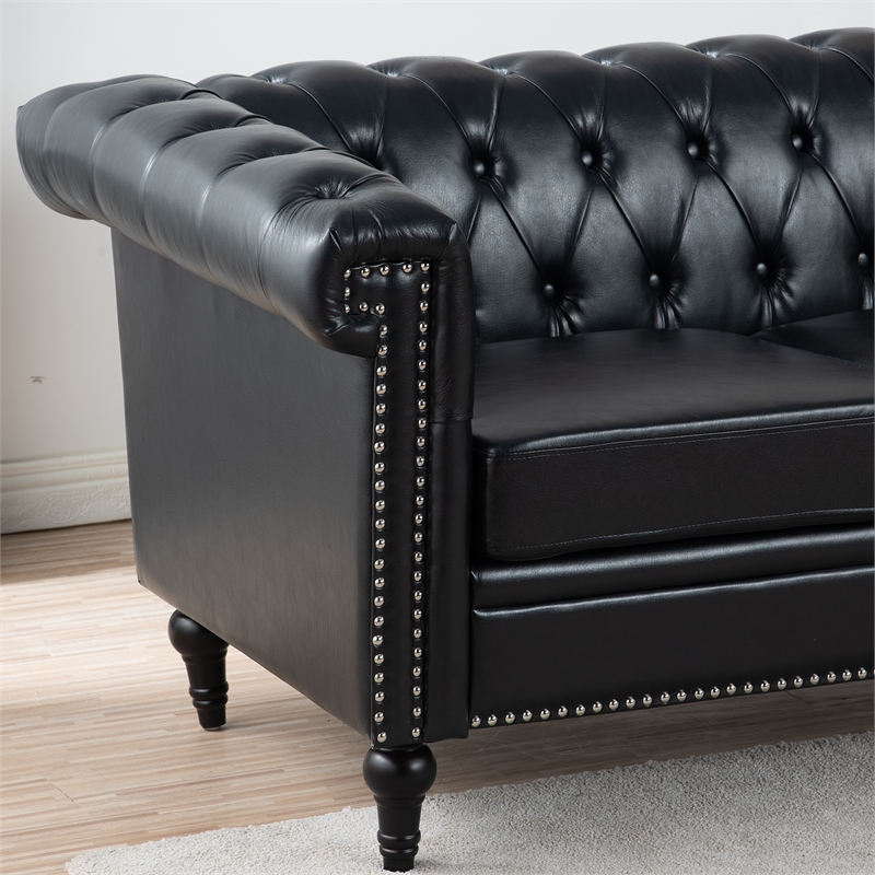 Afuera Living 84-Inch Black PU Leather 3-Seat Chesterfield Sofa