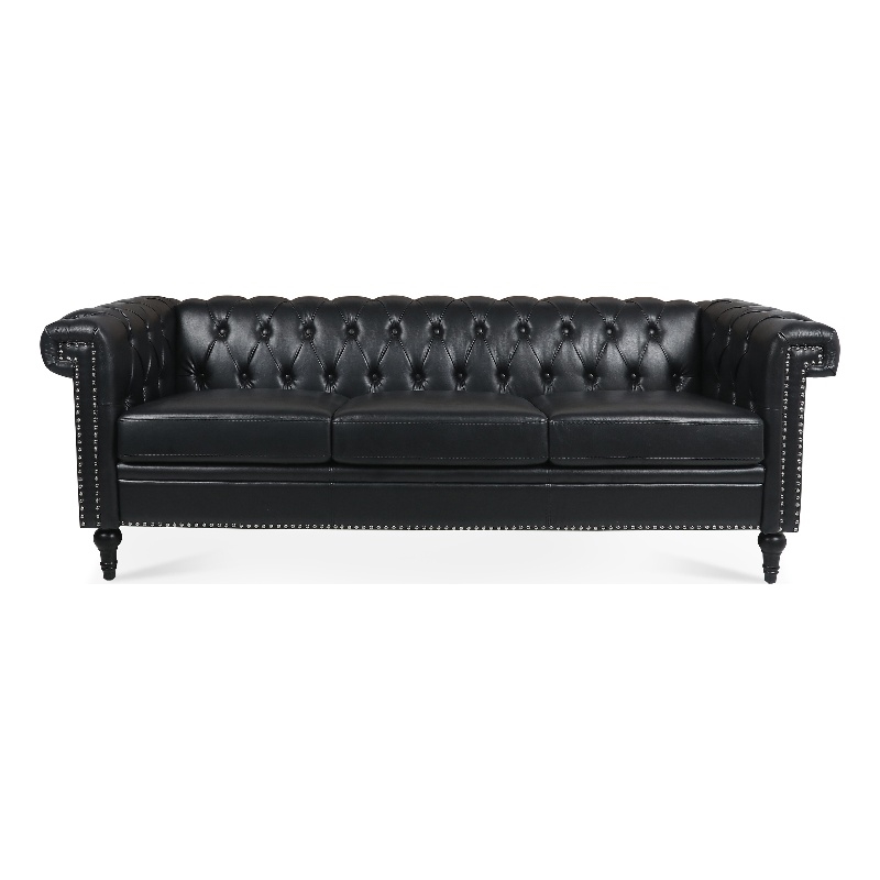 Afuera Living 84-Inch Black PU Leather 3-Seat Chesterfield Sofa