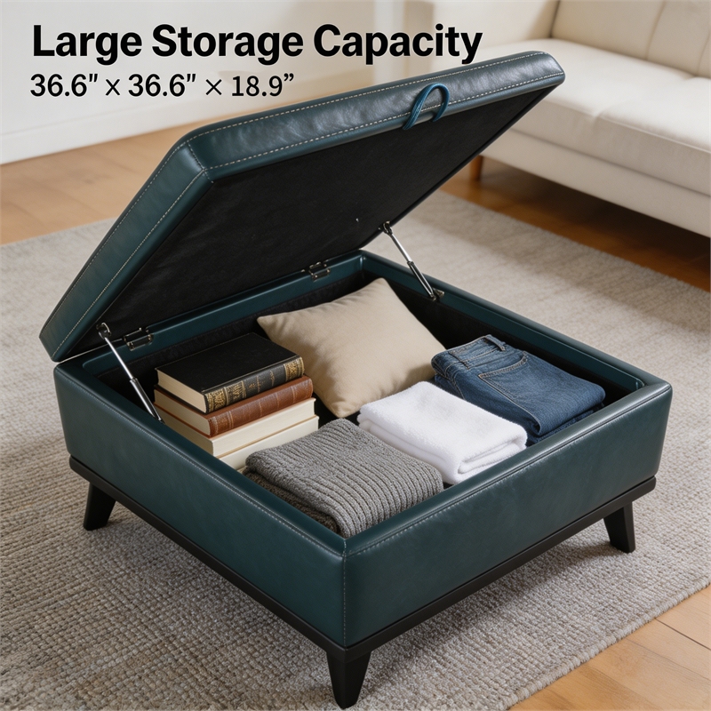 Afuera Living 36-Inch Blue Faux Leather Square Storage Ottoman