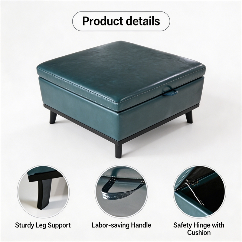 Afuera Living 36-Inch Blue Faux Leather Square Storage Ottoman