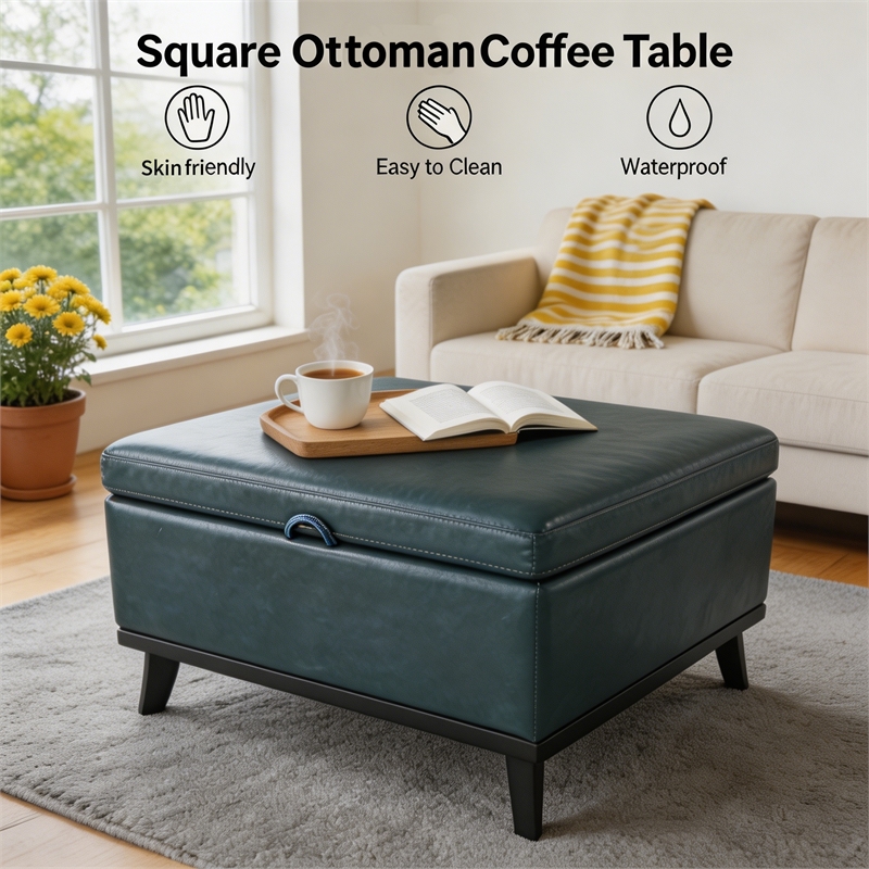 Afuera Living 36-Inch Blue Faux Leather Square Storage Ottoman