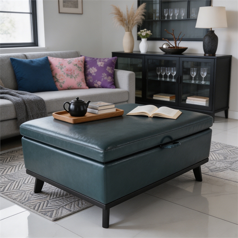 Afuera Living 36-Inch Blue Faux Leather Square Storage Ottoman