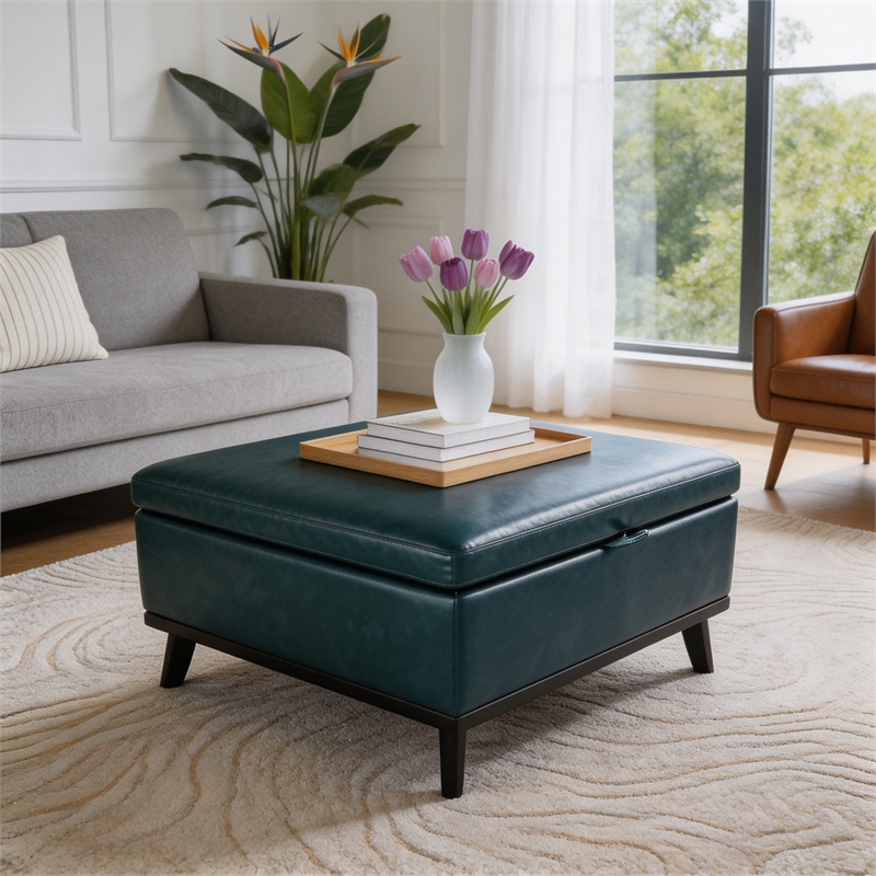 Afuera Living 36-Inch Blue Faux Leather Square Storage Ottoman